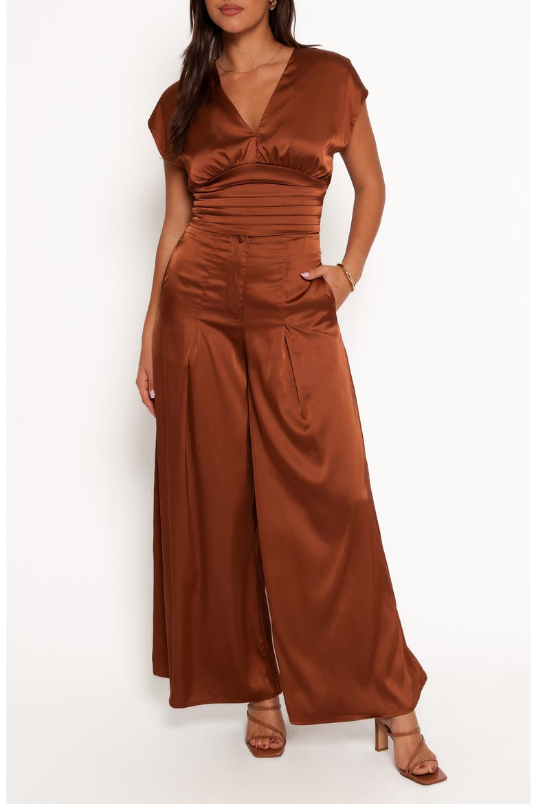 Cassie Satin Short Sleeve Top & Wide Leg Pants Set, Main, color, BRONZE