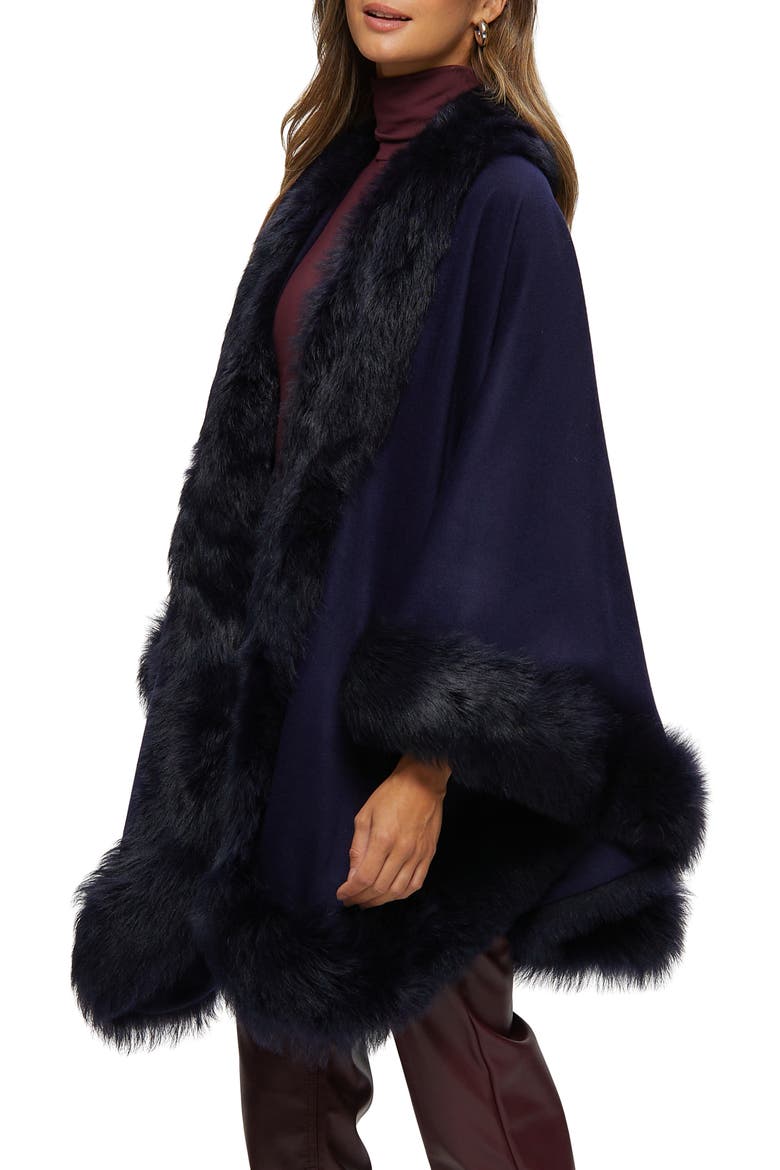 Cashmere Cape with Genuine Shearling Trim, Alternate, color, NAVY