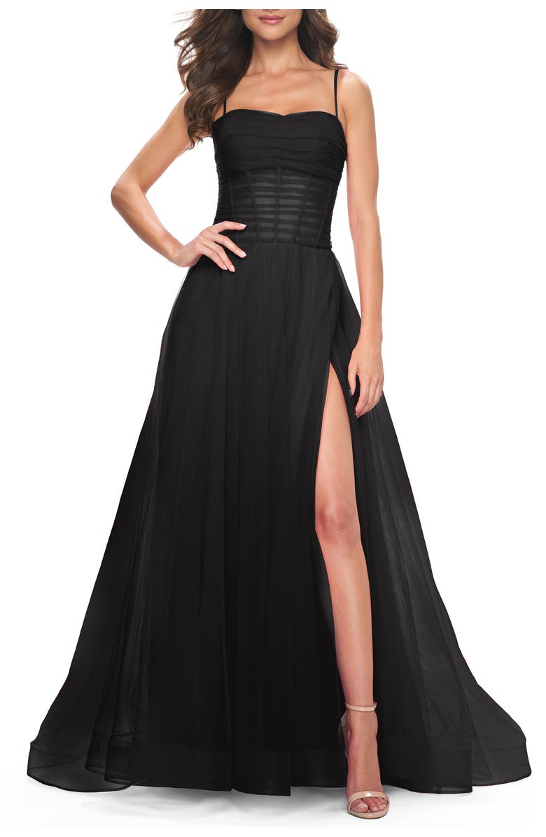 La Femme A-line Square Neck Tulle Ballgown with Illusion Waist, Alternate, color, Black