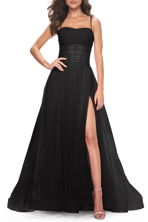 La Femme A-line Square Neck Tulle Ballgown With Illusion Waist