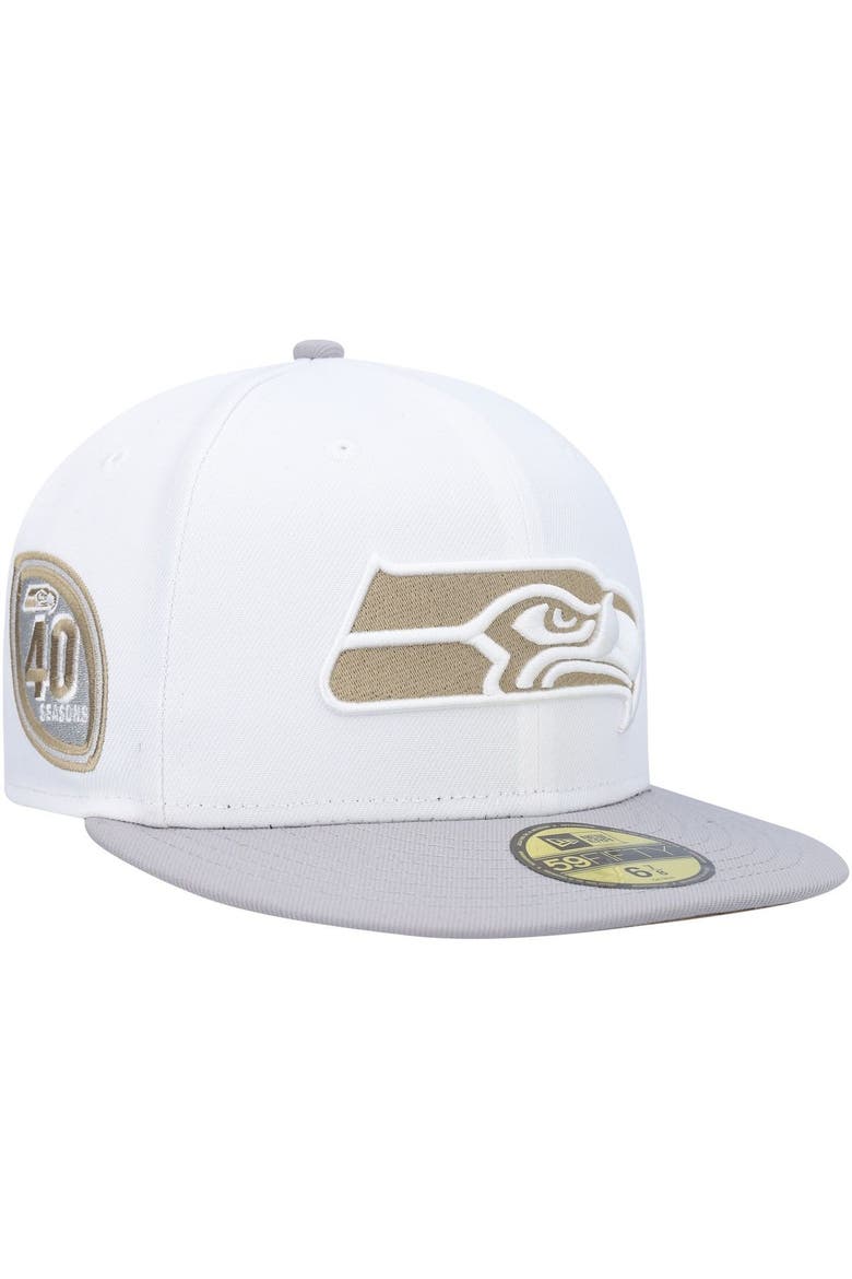 Men's New Era White/Gray Seattle Seahawks 40th Anniversary Gold Undervisor 59FIFTY Fitted Hat, Main, color, White