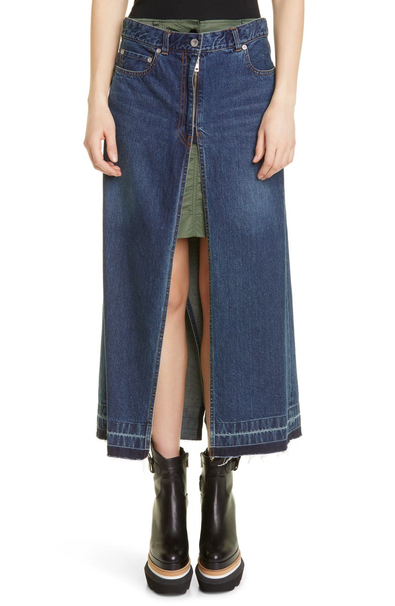 Sacai Hybrid Layered Denim & Nylon Twill Skirt, Main, color,