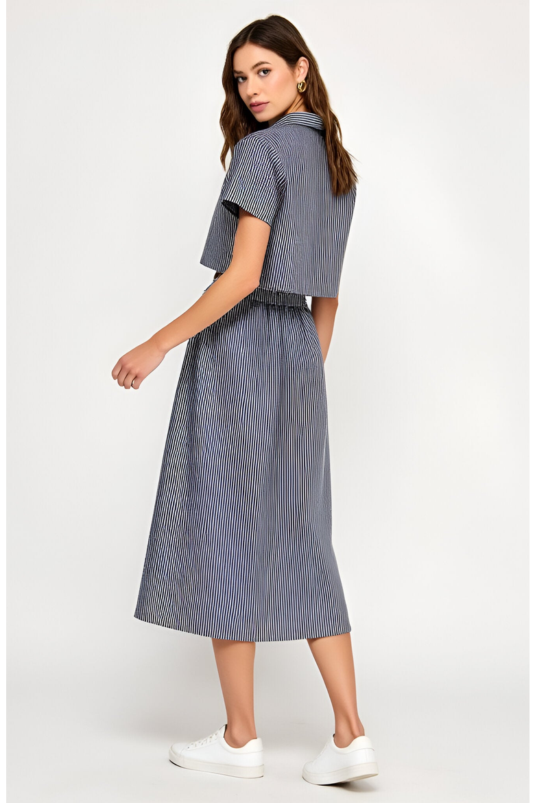 Striped Cropped Button-Up Shirt and Midi Skirt Set with Short Sleeves, Alternate, color, Blue / White Stripes