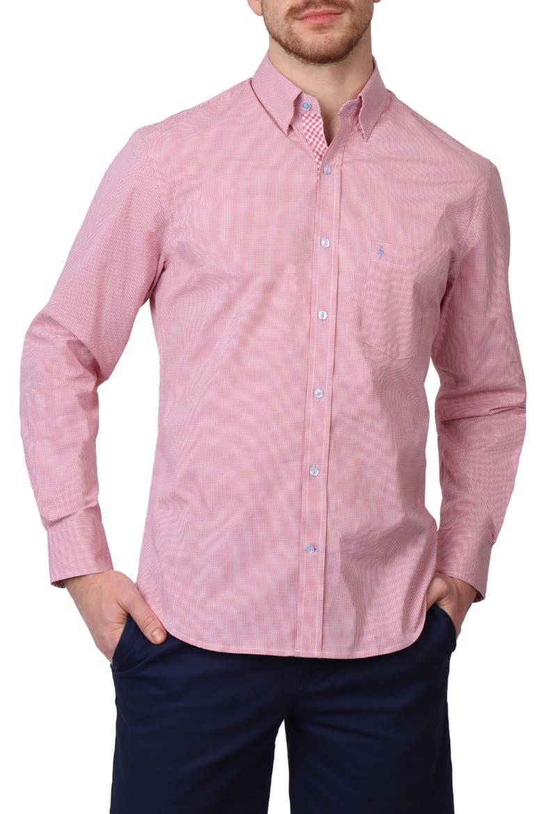 Micro Gingham Stretch Cotton Button-Up Shirt, Main, color, SUNWASHED RED