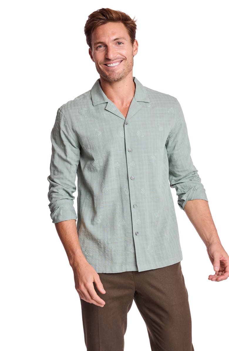 PAISLEY & GRAY Parker Trim Fit Linen Blend Button-Up Shirt, Alternate, color, Green Embroidered Flowers