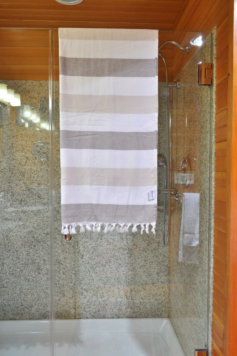 Kapris Striped Organic Turkish Towel with Soft Terry Cloth Back, Alternate, color, Brown