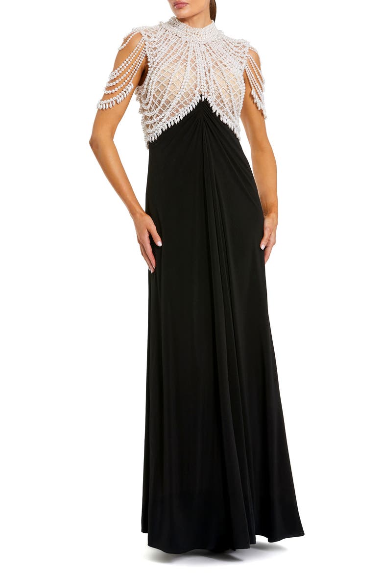 Beaded High Neck Cape Sleeve Gown, Main, color, Black