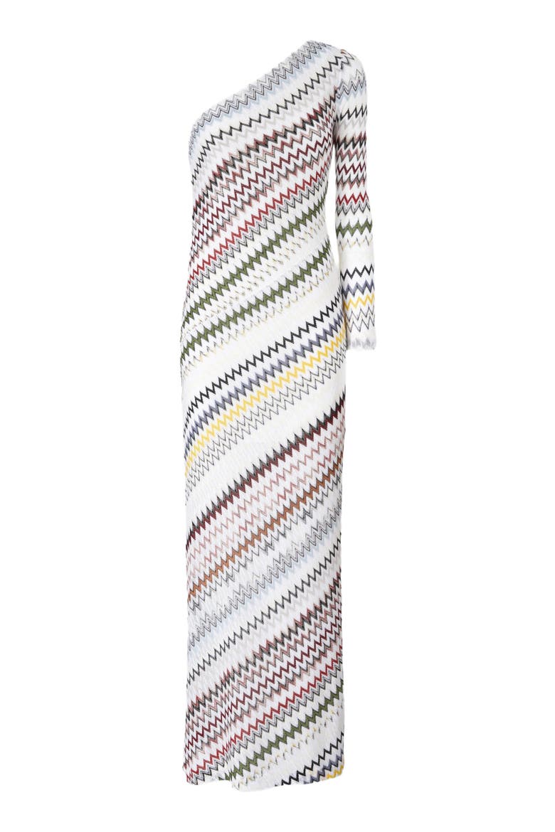 One-shoulder Long Dress In Viscose And Cotton, Alternate, color, Multicoloured