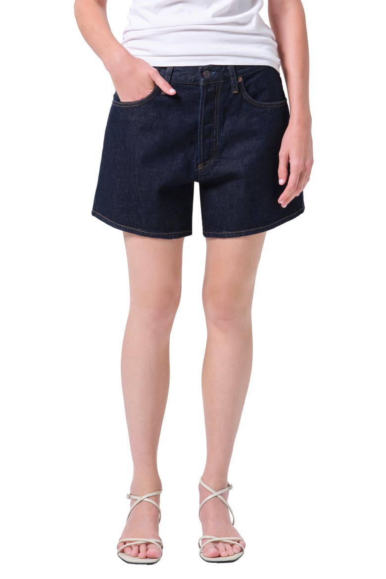 Leith High Waist Relaxed Long Denim Shorts, Main, color, RINSE DK BASIC IND RINSE