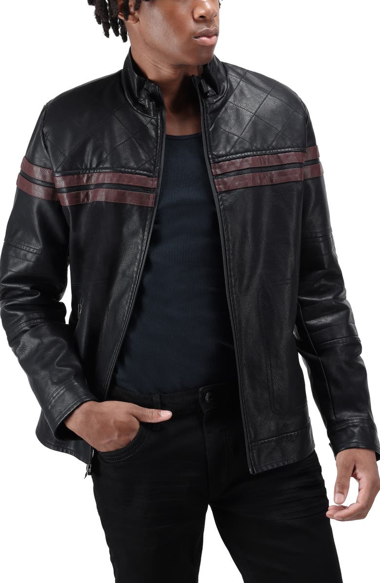 XRAY Faux Fur Lined Grainy Faux Leather Racing Jacket, Alternate, color, Black/ Burgundy