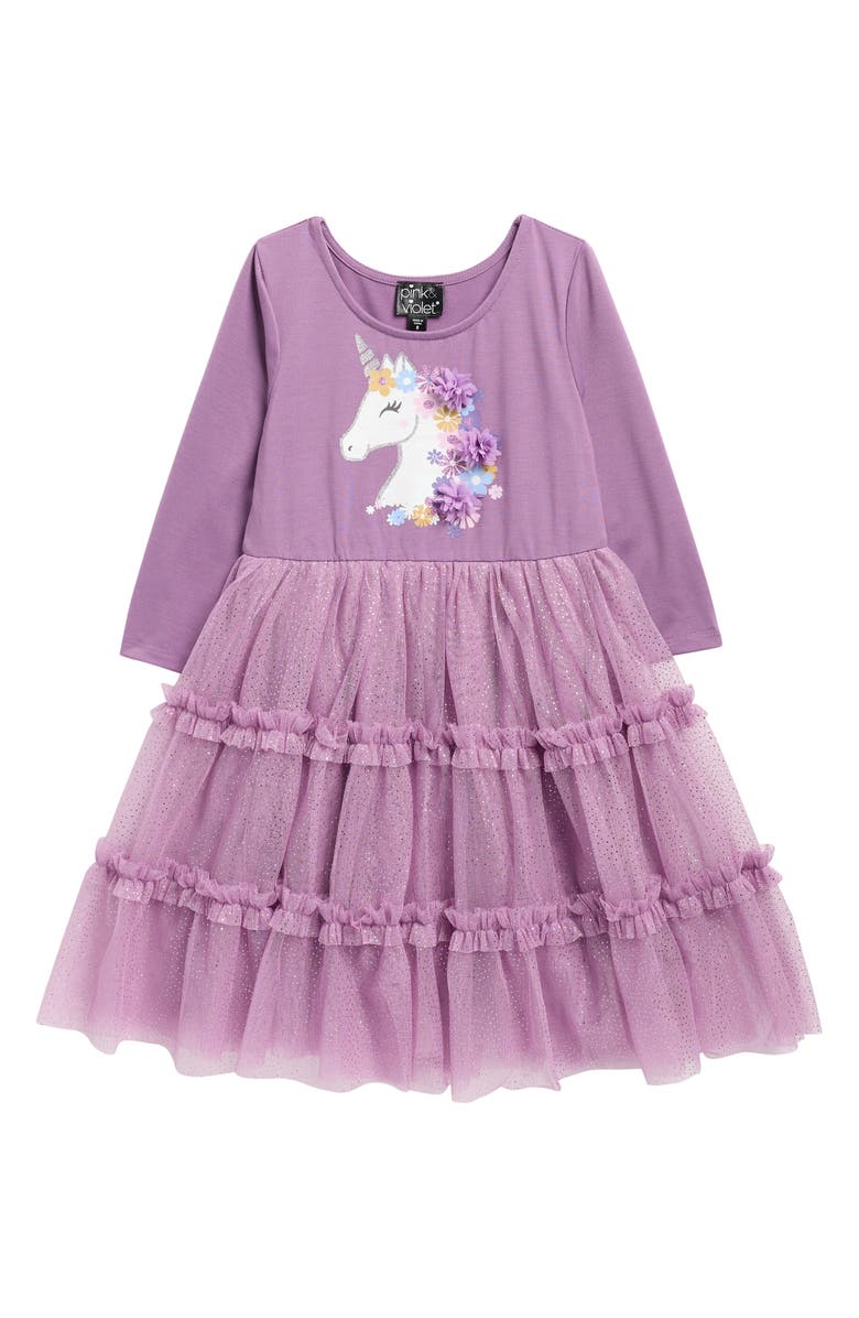 Zunie Kids' Unicorn 3D Flower Tiered Dress, Main, color,