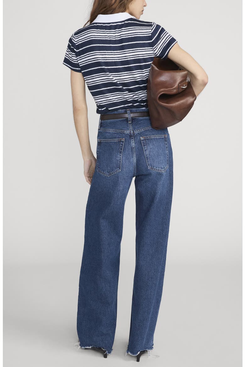 The Stripe Stretch Linen Polo Top, Alternate, color, NAVY MULTI