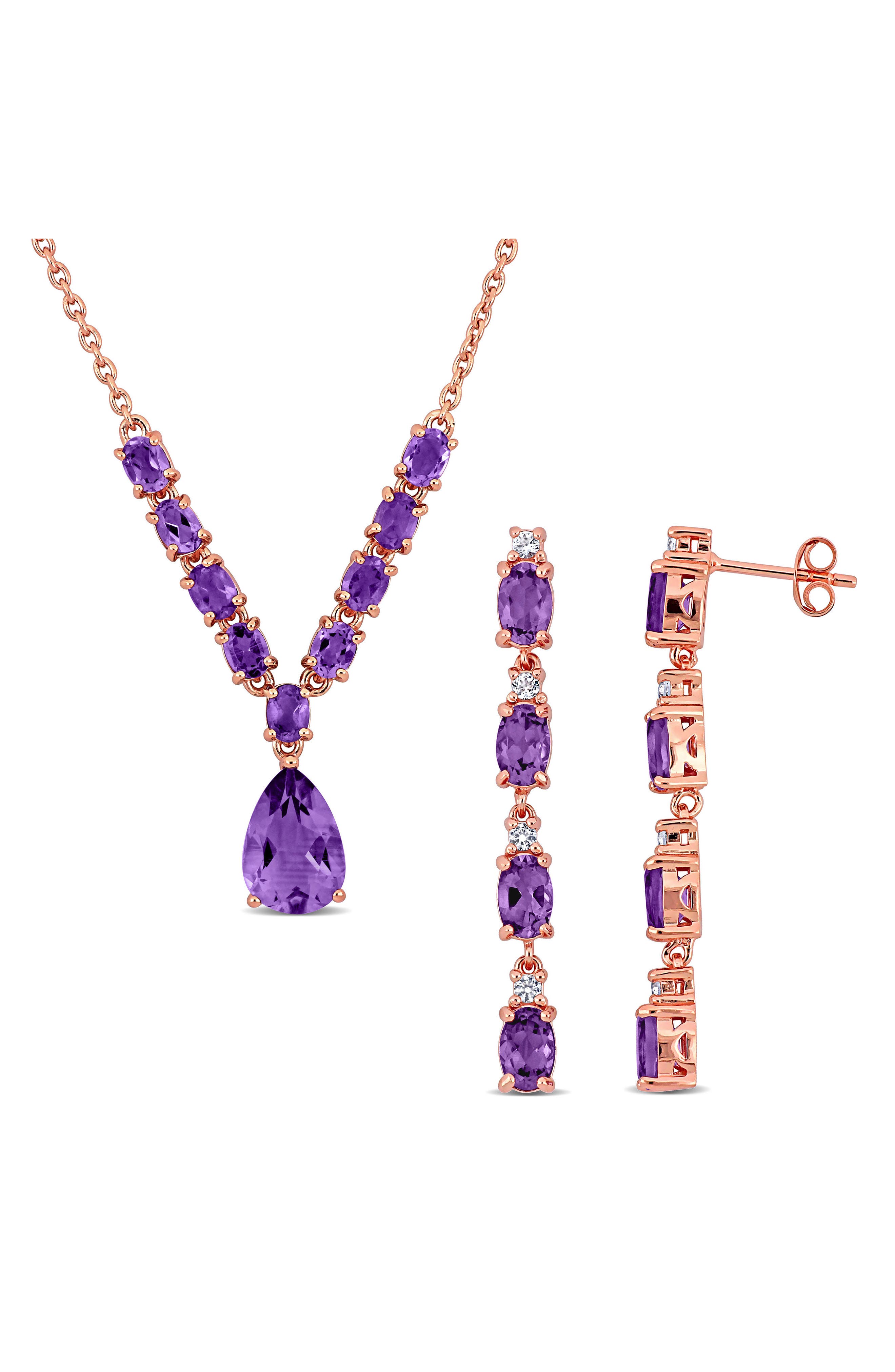DELMAR Amethyst & White Topaz Frontal Necklace & Drop Earrings Set