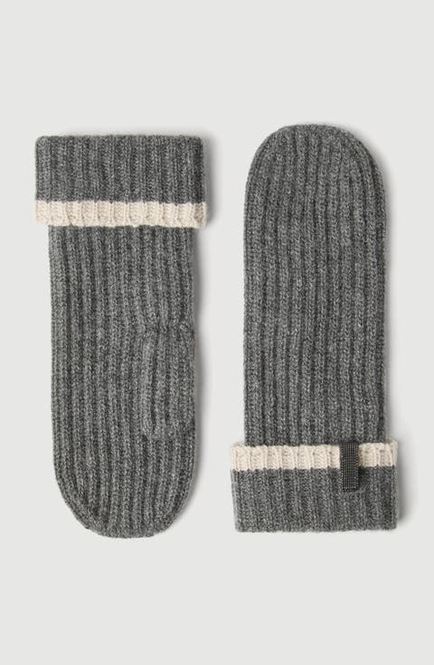 Cashmere English rib knit mittens with monili