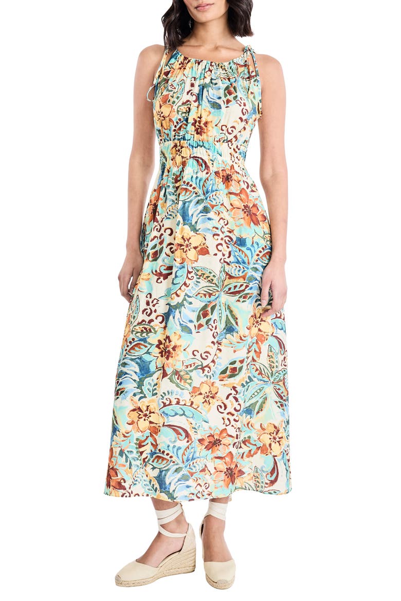 Floral Tie Strap Fit & Flare Midi Sundress, Main, color, IVORY/ GOLDEN ROD