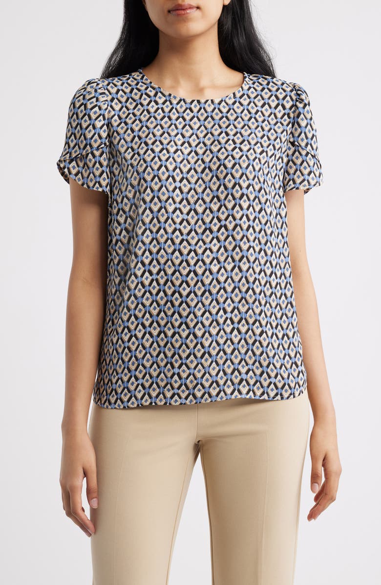 AK ANNE KLEIN Print Tulip Sleeve Top, Main, color, Blue Jay Multi