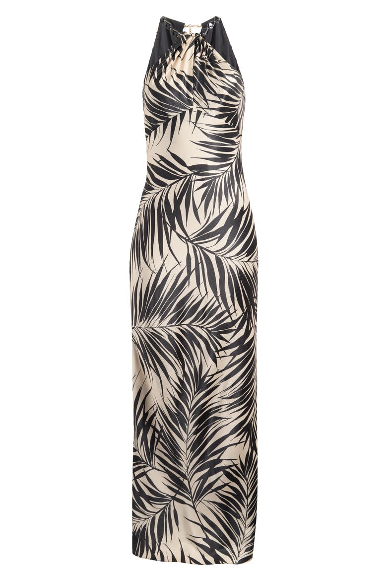 Bead Detail Palm Print Satin Sheath Gown, Alternate, color, BLACK