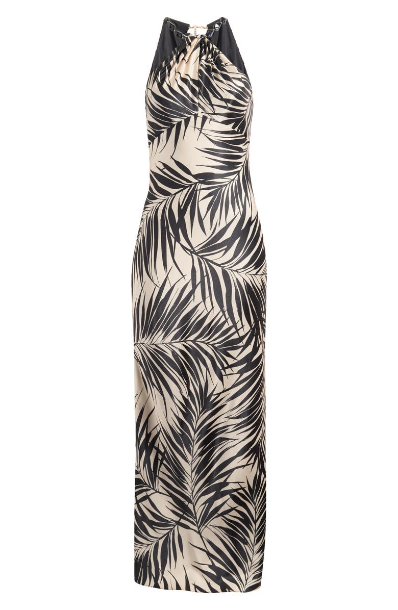 Vince Camuto Bead Detail Palm Print Satin Sheath Gown, Alternate, color, Black