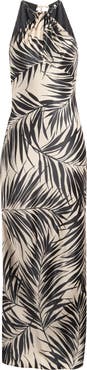 Vince Camuto Bead Detail Palm Print Satin Sheath Gown