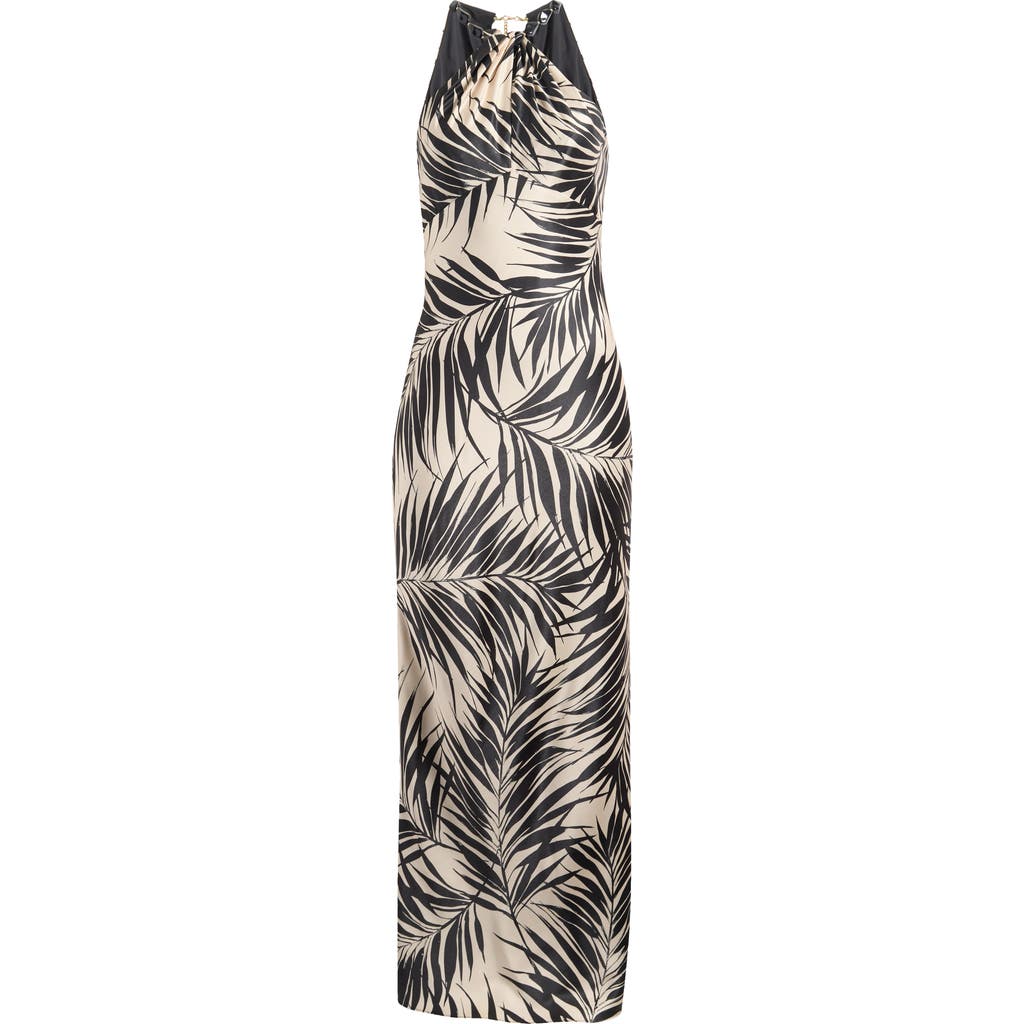 Vince Camuto Bead Detail Palm Print Satin Sheath Gown