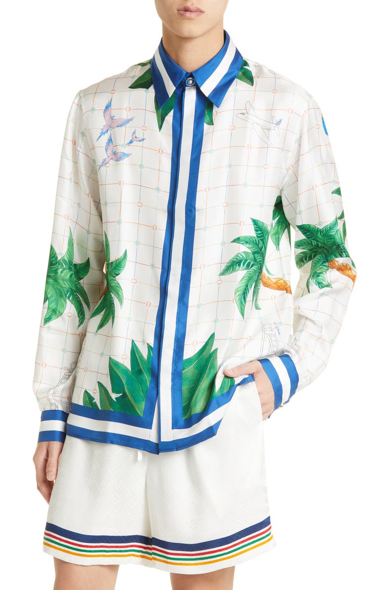 Casablanca Print Cuban Collar Silk Button-Up Shirt, Alternate, color, 