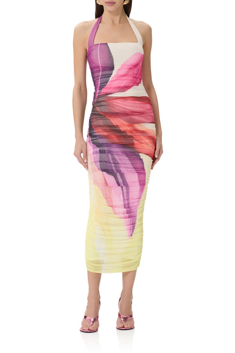 Indina Ruched Mesh Body-Con Maxi Dress, Main, color, LEMON LOTUS