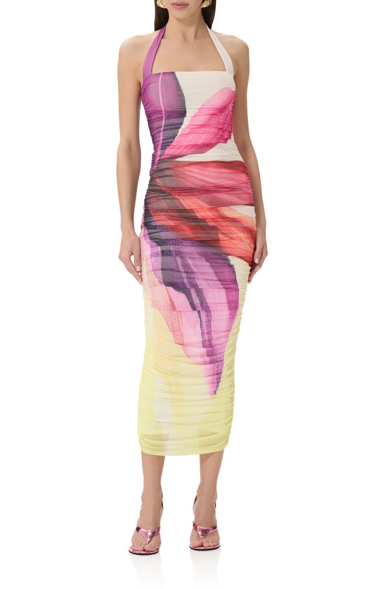 AFRM Indina Ruched Mesh Body-Con Maxi Dress, Main, color, Lemon Lotus