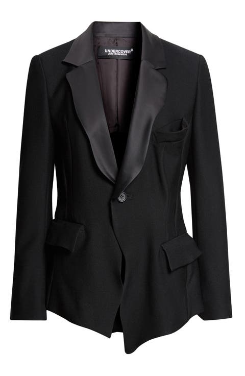 Wavy Sateen Trim Wool Stretch Twill Jacket