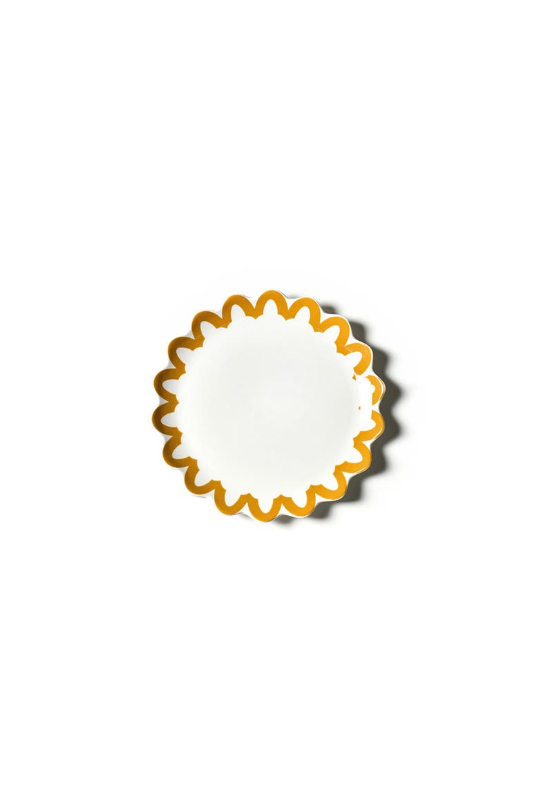 Brass Arabesque Trim Scallop Dinner Plate, Main, color, Yellow