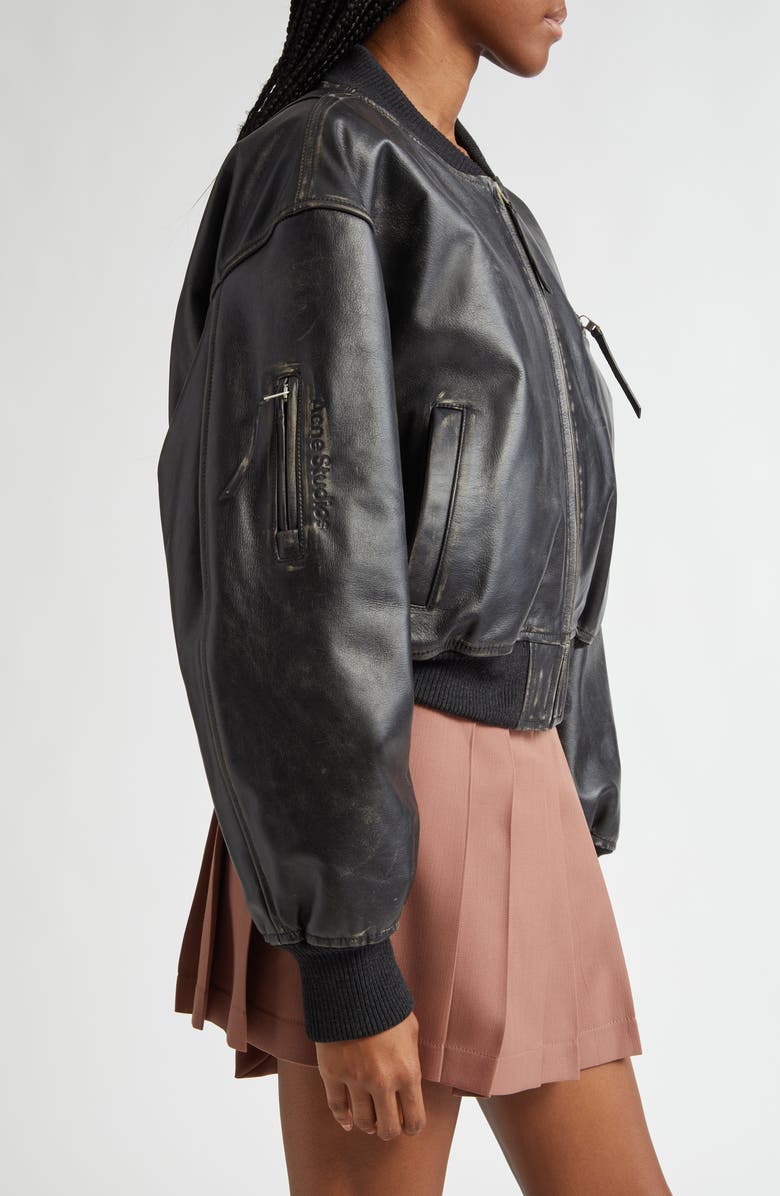 Acne Studios Leather Bomber Jacket, Alternate, color, Black