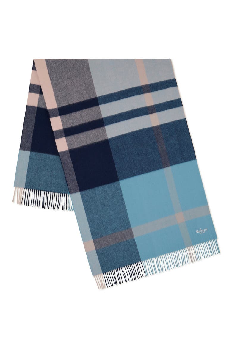 Check Merino Wool Scarf, Main, color, KINGFISHER BLUE/ POWDER ROSE