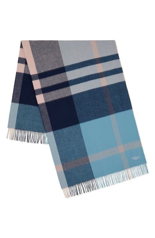 Mulberry Check Merino Wool Scarf in Kingfisher Blue/Powder Rose 