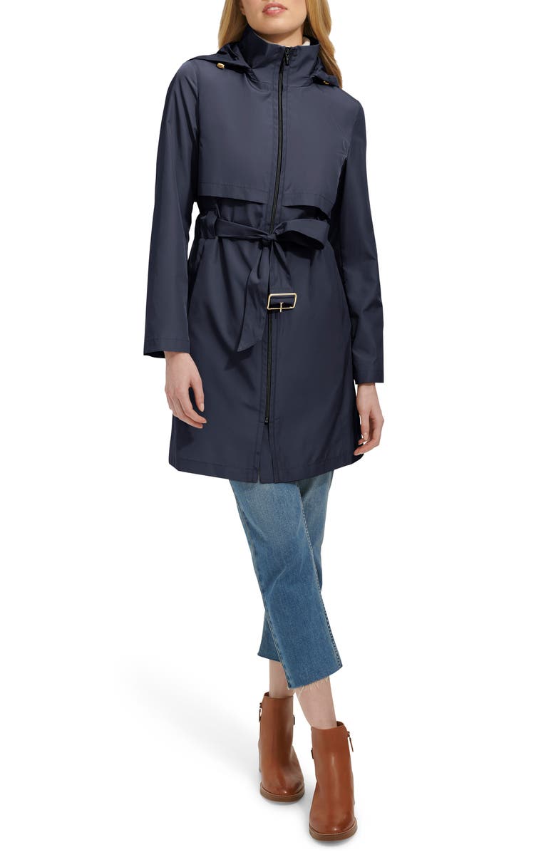 Cole Haan Belted Travel Packable Hooded Rain Jacket, Alternate, color, Indigo