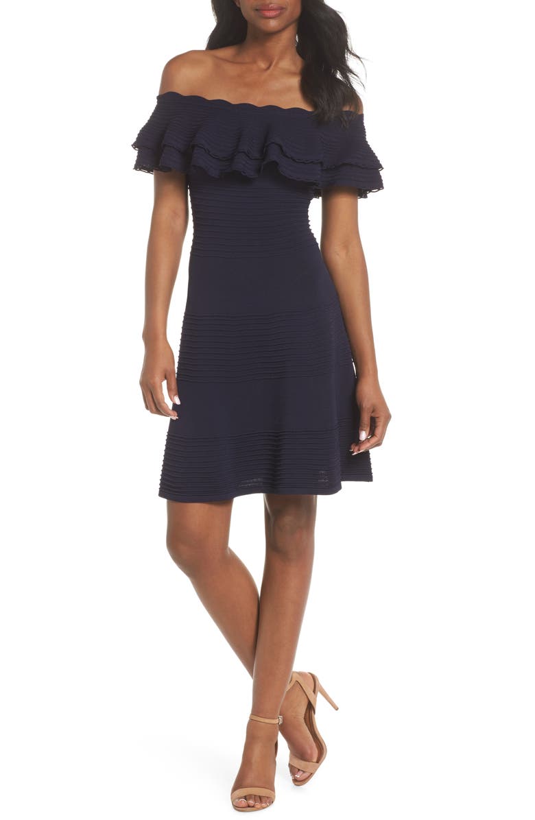 Eliza J Off the Shoulder Fit & Flare Dress, Main, color,