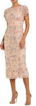 Mac Duggal Embellished Mesh Fitted Short Sleeve Midi Dress