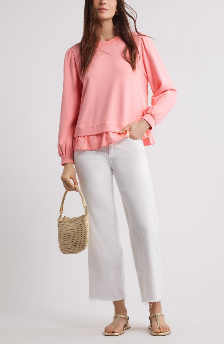 Caslon<sup>®</sup> Puff Shoulder Mixed Media Sweatshirt, Alternate, color, Pink Geranium