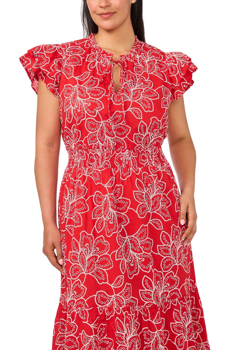 CeCe Floral Eyelet Lace Midi Dress, Alternate, color, Classic Cherry