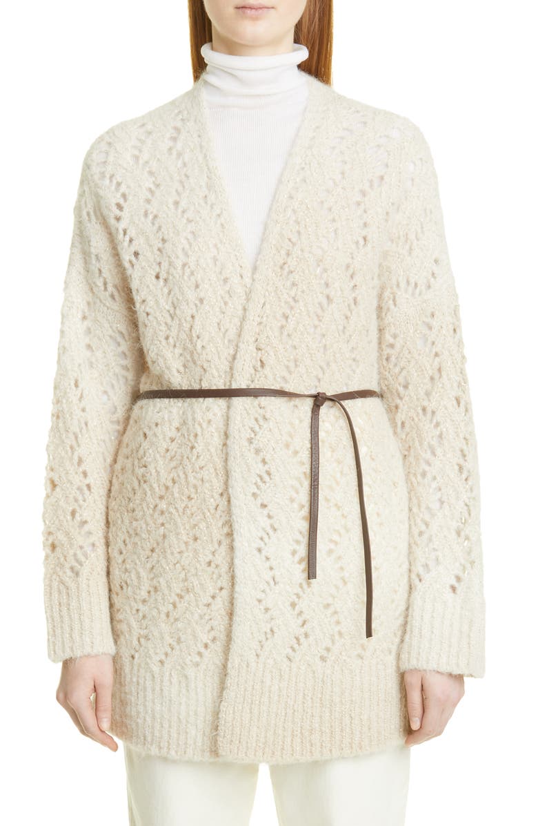 Fabiana Filippi Belted Crochet Metallic Alpaca Blend Cardigan, Main, color, 
