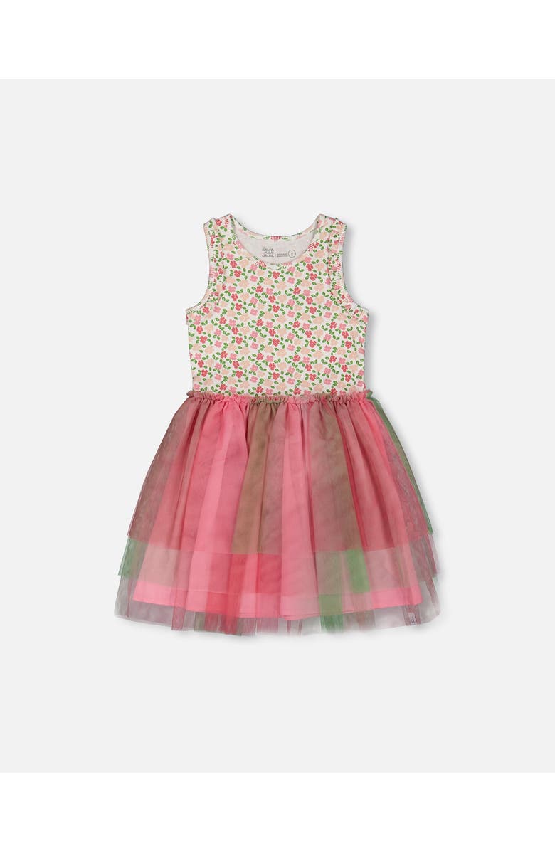 Deux par Deux Girl's Bi-Material Cotton And Mesh Dress Small Flowers And Multicolored Gradient Skirt, Main, color, 