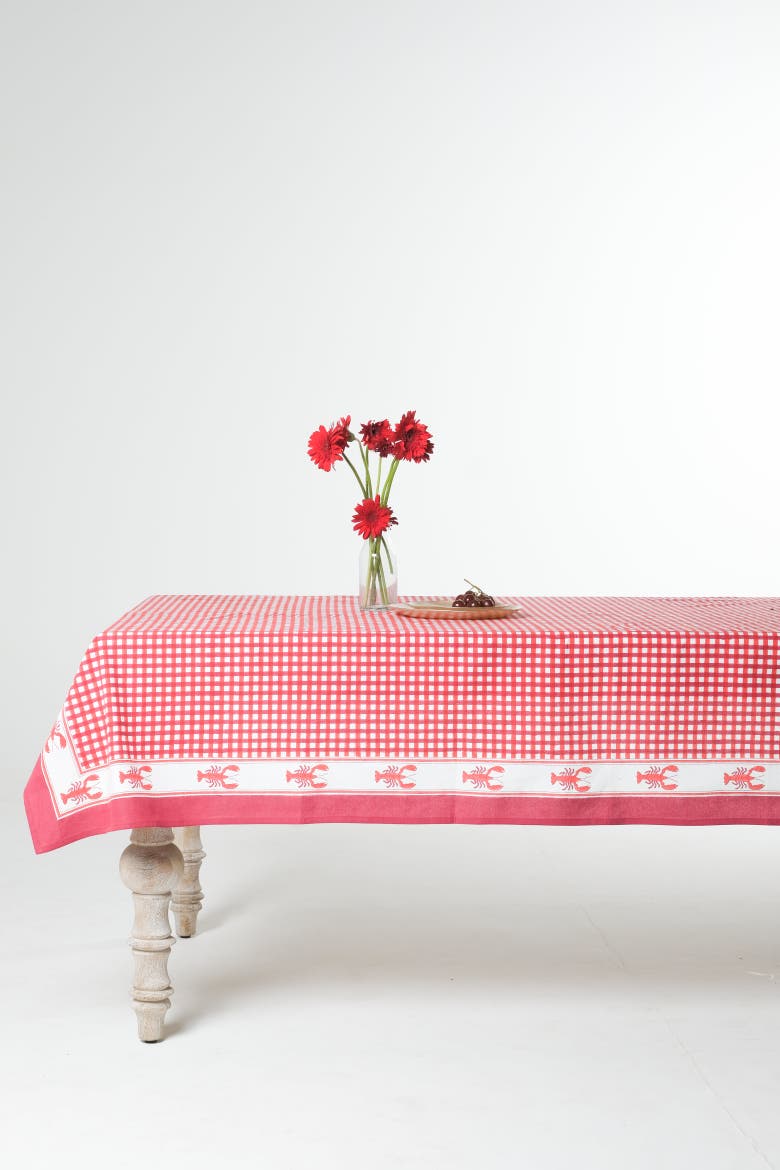 Lobster Red Gingham Blockprint Tablecloth, Alternate, color, 70x120