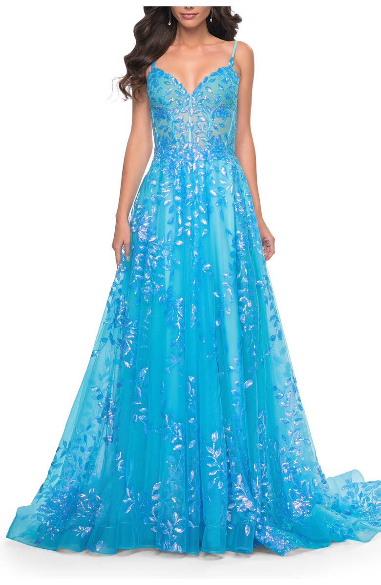 La Femme Sequin Lace Print Tulle A-Line Prom Dress with Illusion Bodice, Main, color, Blue