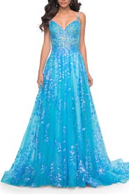 La Femme Sequin Lace Print Tulle A-Line Prom Dress with Illusion Bodice