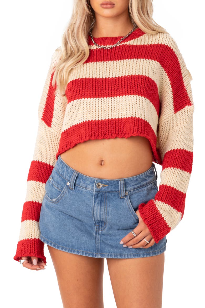 Ozzy Stripe Crop Sweater, Main, color, RED