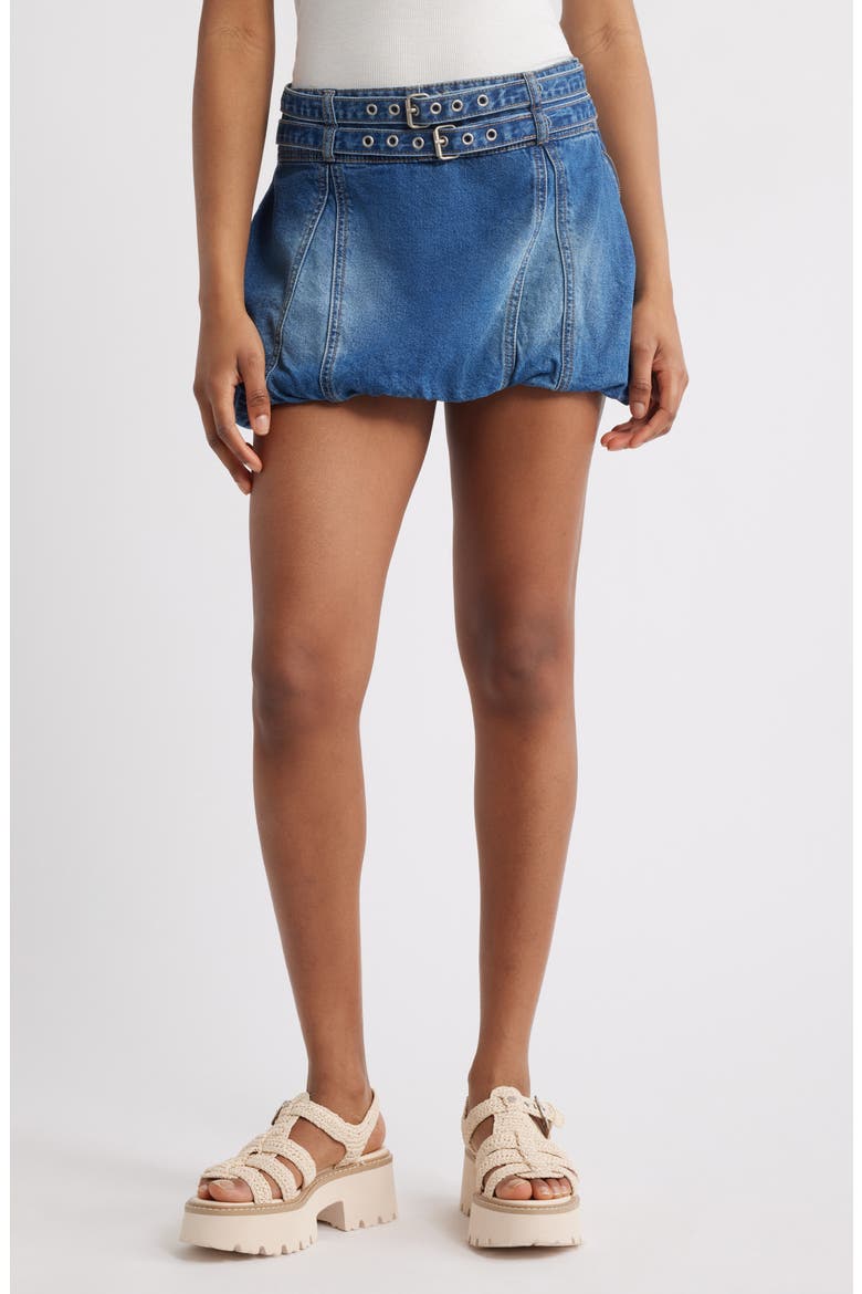 Bubble Hem Denim Miniskirt, Main, color, DARK WASH