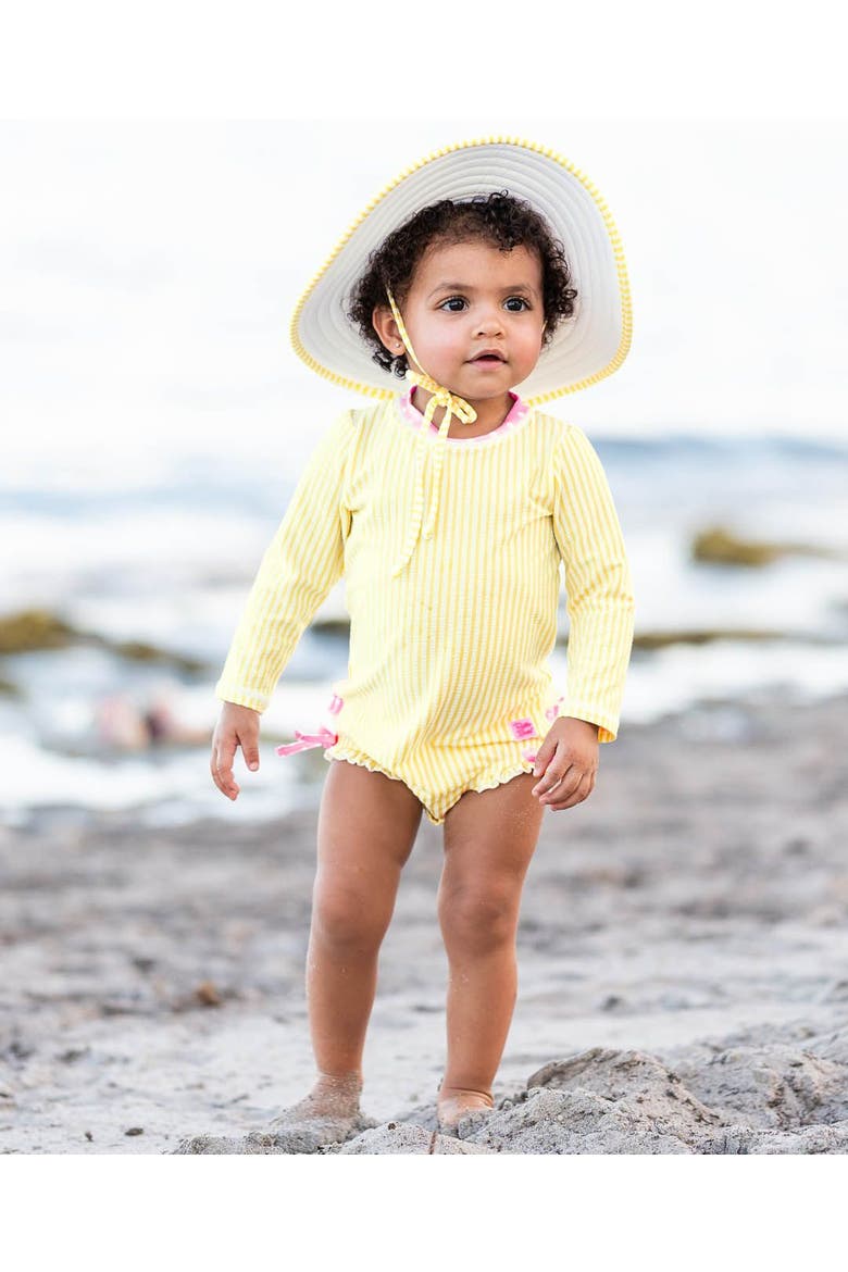 Girls Seersucker Long Sleeve UPF50+ One Piece Rash Guard, Alternate, color, Banana Seersucker