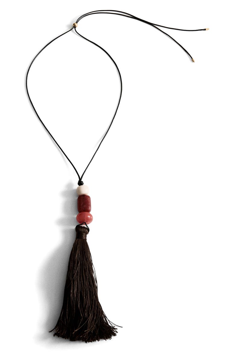 Stone Bead Tassel Pendant Necklace, Main, color, BROWN