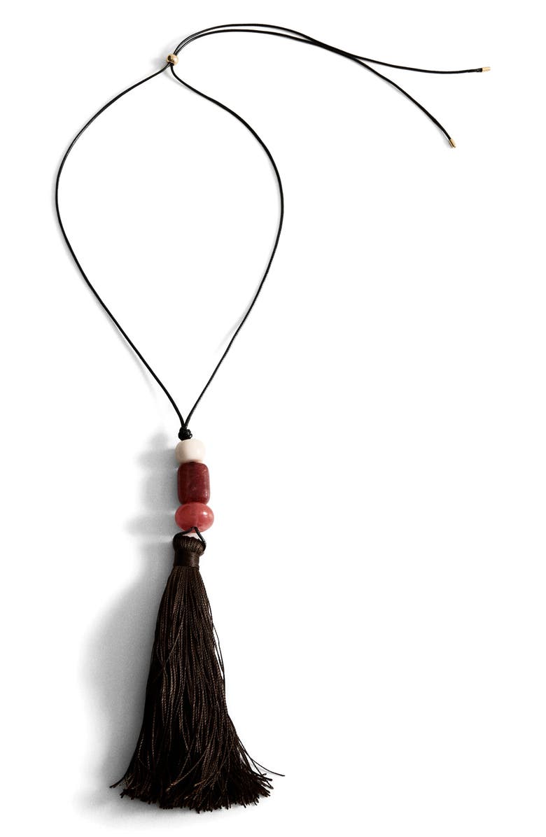 MANGO Stone Bead Tassel Pendant Necklace, Main, color, Brown