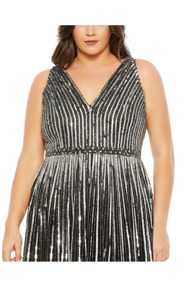 Sequined Striped Sleeveless V Neck A Line Gown, Alternate, color, BLACK SILVER