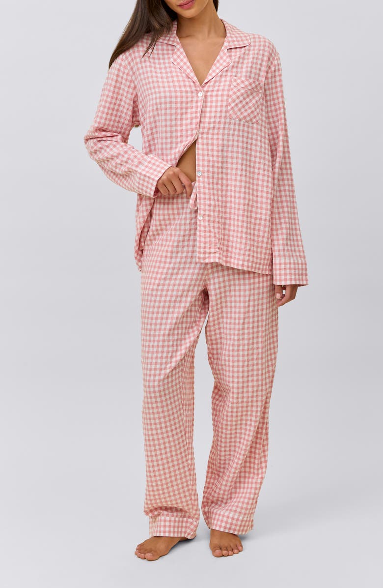 Papinelle Seersucker Gingham Cotton Blend Pajamas, Alternate, color, Strawberry