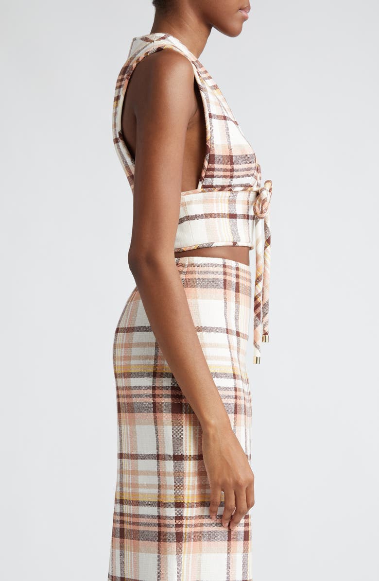 Zimmermann Matchmaker Check Bow Sleeveless Linen Blend Crop Top, Alternate, color, 